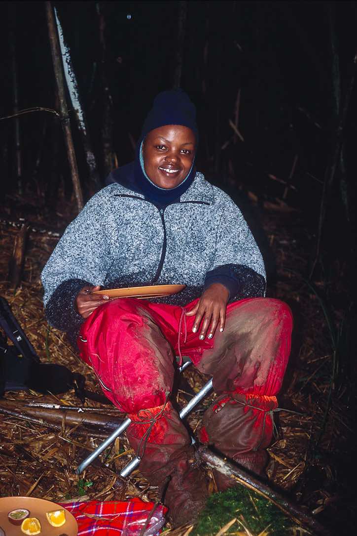 Assistant guide Sarah enjoying her lunch, Mount Kenya