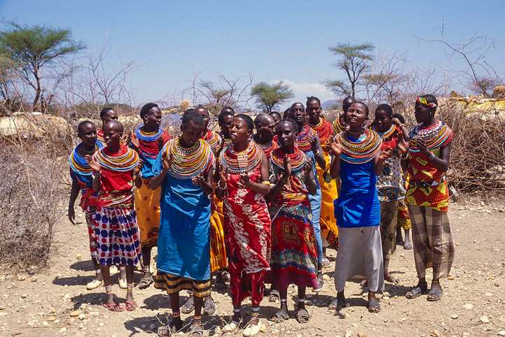 Samburu women in their traditional dress with beaded necklaces