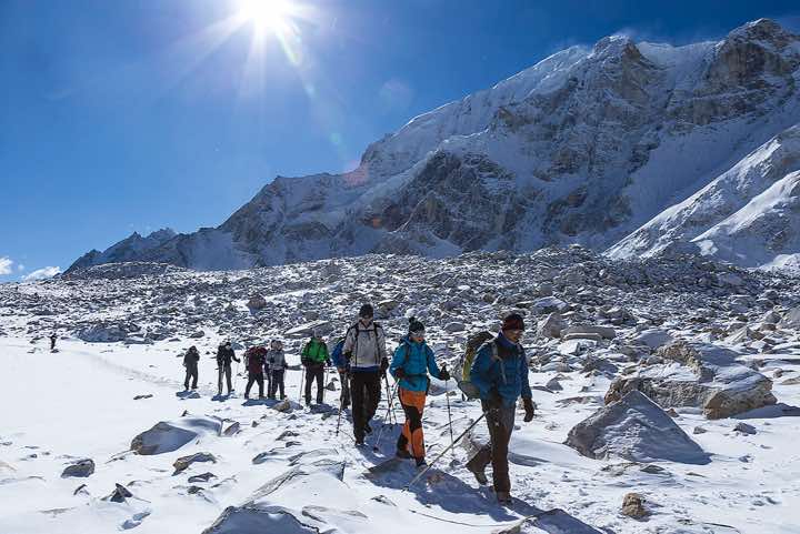 Trekking group on route to Larkya La pass