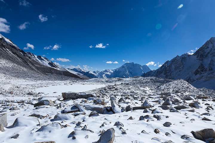 View from the snow covered Larkya La pass, 5100m, to the east