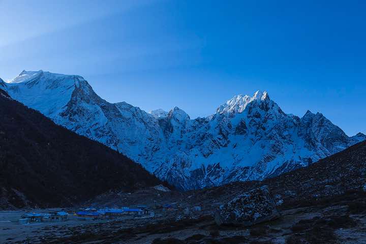 Manaslu, 8163m, and Mount Phungi, 6528m, seen from Bimtang (Bimthang) village