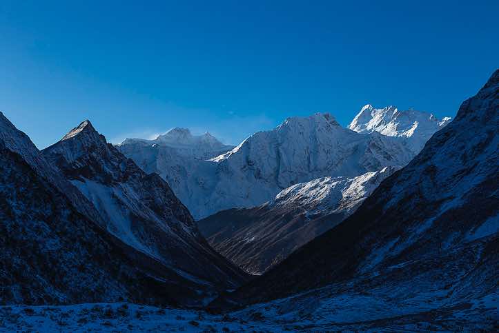 View down Buri Gandaki Valley from Samdo village: Rani Peak, 6693m, Simnang Himal, 6251m, Himal Chuli, 7893m