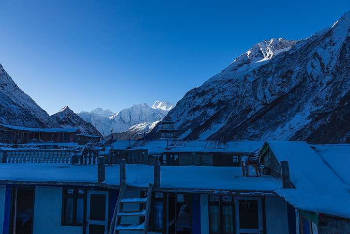 View down Buri Gandaki Valley from Samdo village: Rani Peak, 6693m, Simnang Himal, 6251m, Himal Chuli, 7893m