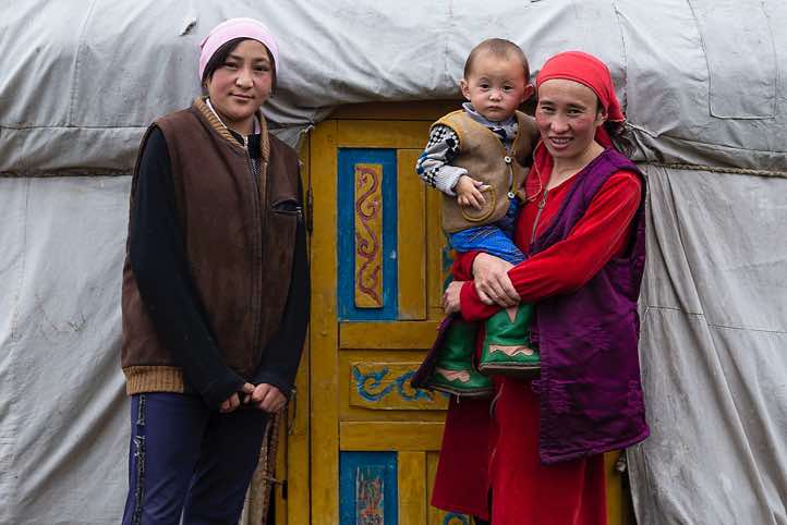 Nomads in front of their yurt, Tavan Bogd National Park, Altai Mountains, Western Mongolia