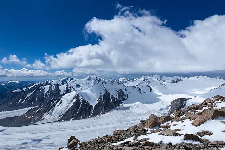 Potanin Glacier, seen from the top of Malchin Peak (4050m), Tavan Bogd National Park, Altai Mountains, Western Mongolia