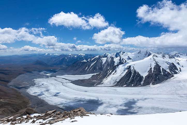 Potanin Glacier, seen from the top of Malchin Peak (4050m), Tavan Bogd National Park, Altai Mountains, Western Mongolia