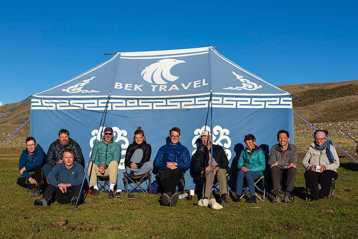 Hiking group at campsite, Tavan Bogd National Park, Altai Mountains, Western Mongolia