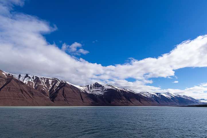 Panoramic view of the 'Old Red' mountains lining Bockfjorden
