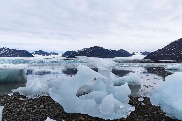Merging Osbornebreen and Vintervegen glaciers with Ice sculptures in the foreground, Valentinryggen landing site, St. Jonsfjorden, Oscar II Land