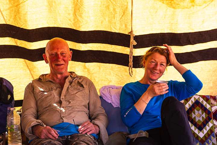 Christine and Thomas resting inside the tent at the campsite, Rub al Khali, Empty Quarter, Dhofar region