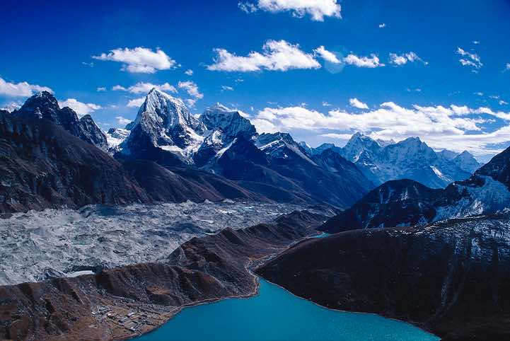 Ngozumpa Glacier and Gokyo kharka, seen from the top of Gokyo Ri, 5483m