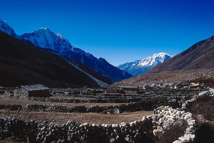 Stone walls surround fields in Dingboche, 4350m