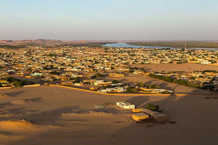 View of the River Nile from the top of Jebel Barkal at sunset, Karima, Northern Sudan