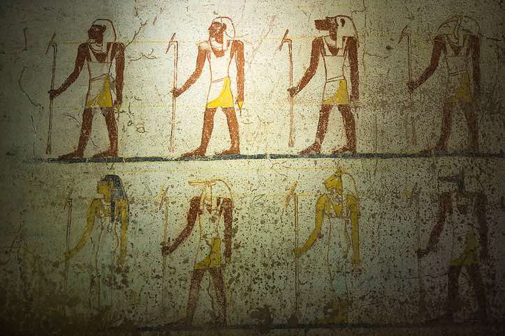 Wall paintings in the tomb of King Tantamani (Tanwetamani), part of the royal cemetery, El Kurru archaeological site, Northern Sudan