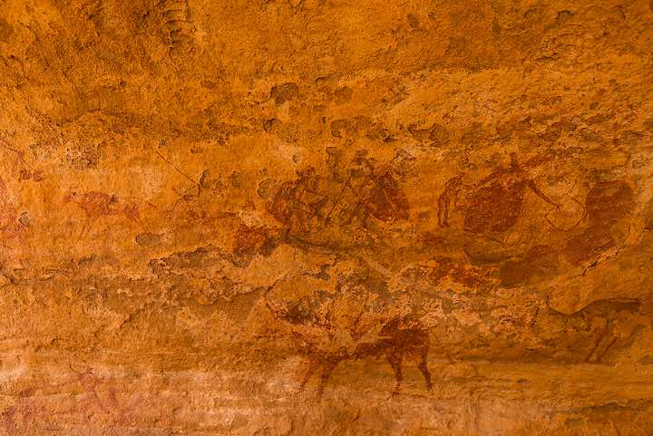 Painting of people, Neolithic rock art, Tadrart region, Tassili n ́Ajjer National Park, Sahara, North Africa