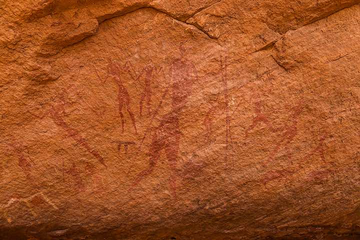 Rock painting of people, Neolithic rock art, Tadrart region, Tassili n ́Ajjer National Park, Sahara, North Africa