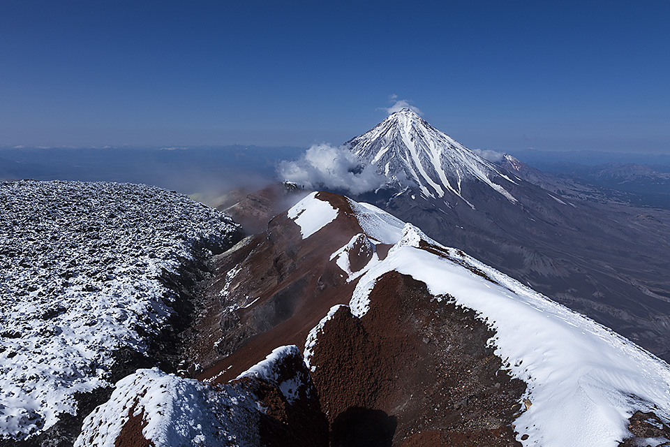 Top of Avachinsky volcano with Koryaksky volcano seen in the background
