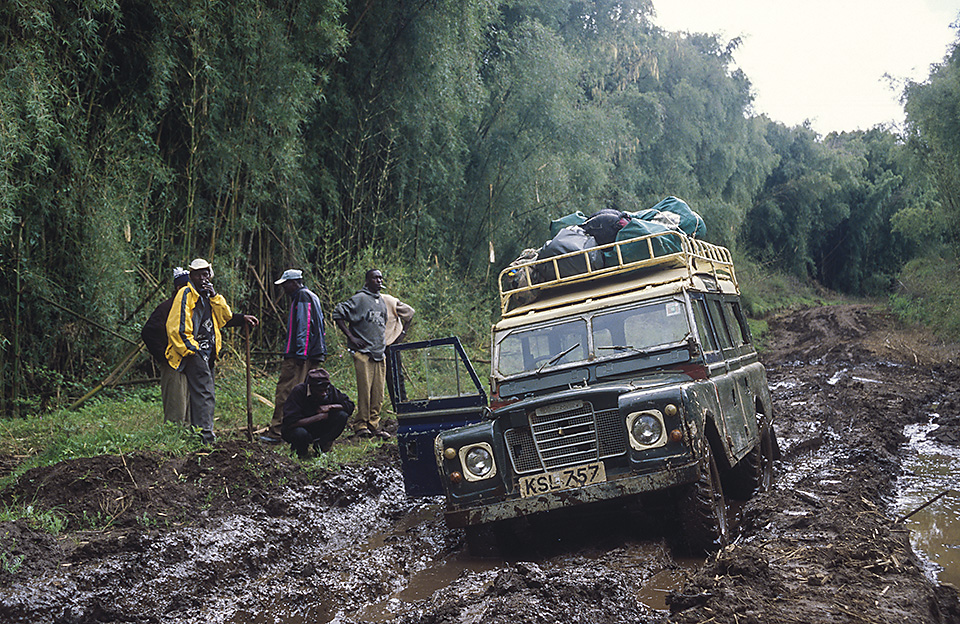 Four-wheel vehicle in the mud, Mount Kenya National Park
